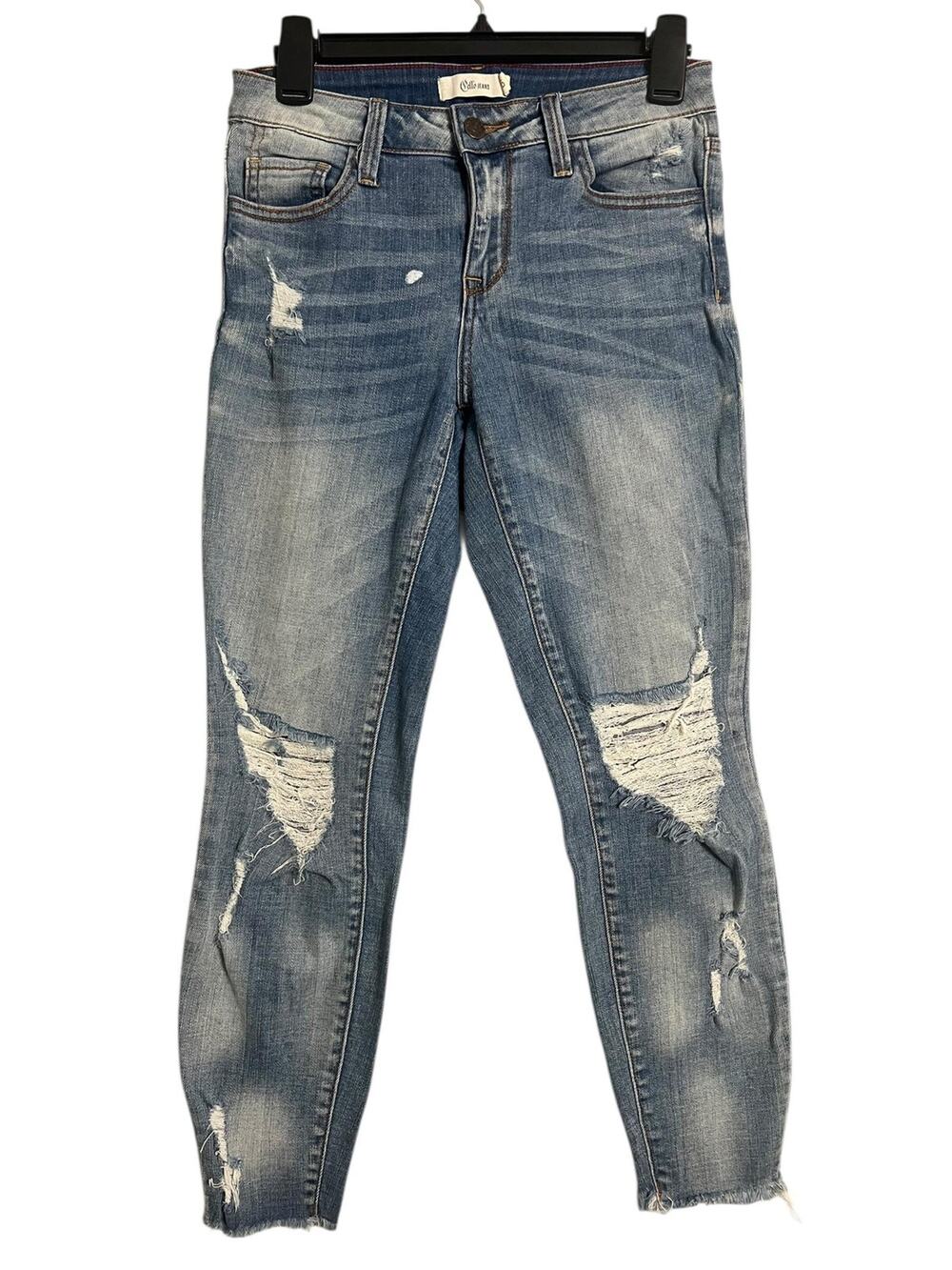 Cello Skinny Jeans Juniors 5 Blue Medium Wash Distressed Raw Hem Stretch Ripped